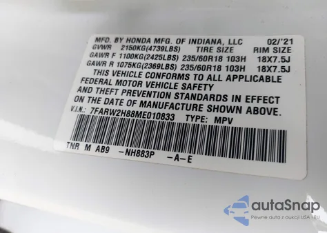 2021 Honda Cr-V Awd Ex-L из США, поврежденный, VIN 7FARW2H88ME010833